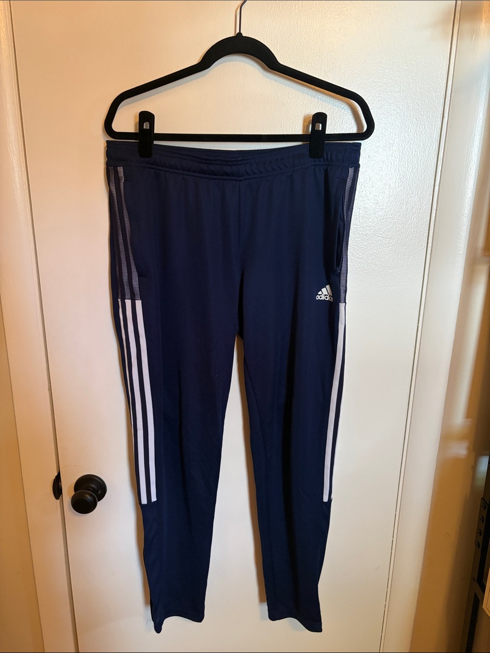 adidas Navy and White Track Pants with Side Stripes